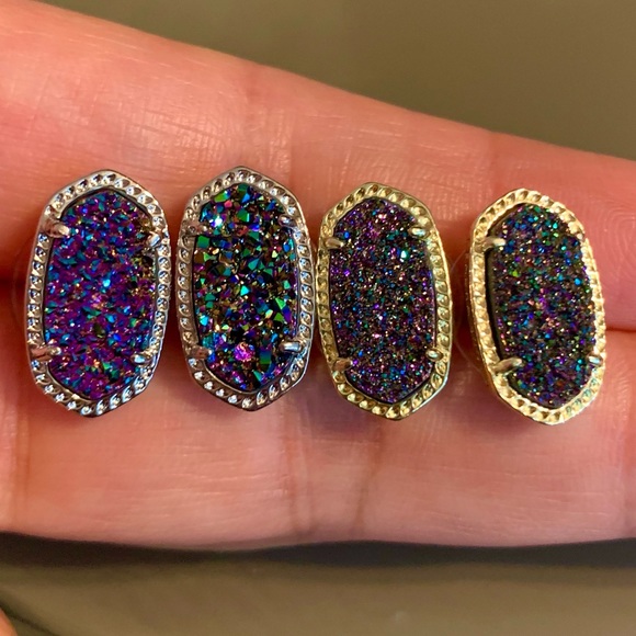 NWOT Kendra Scott Ellie Stud Earrings In Platinum or gold Drusy - Picture 7 of 12